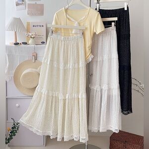 NEW Cream Polka Dot Lace Detail Tiered Midi/Maxi Skirt